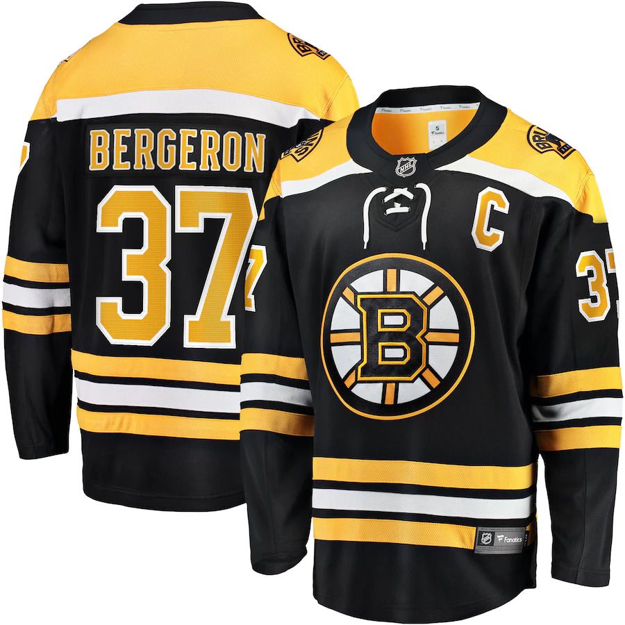 Men Boston Bruins 37 Patrice Bergeron Fanatics Branded Black Home Captain Premier Breakaway Player NHL Jersey